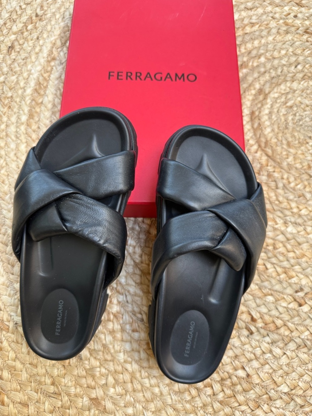 Salvatore Ferragamo Black Leather Lug Sole Slide Sandals
